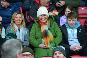 Fans at Derry’s opening National League Division Two gameat Owenbeg on Saturday afternoon. Photo: George Sweeney. DER2305GS – 151