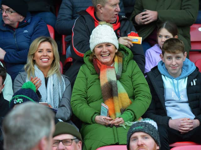 Fans at Derry’s opening National League Division Two gameat Owenbeg on Saturday afternoon. Photo: George Sweeney. DER2305GS – 151