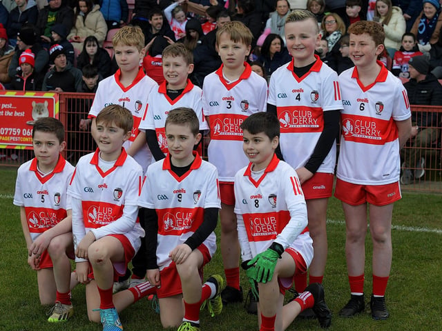 Young footballers from Club Derry played at half-time in Celtic Park on Saturday evening. Photo: George Sweeney