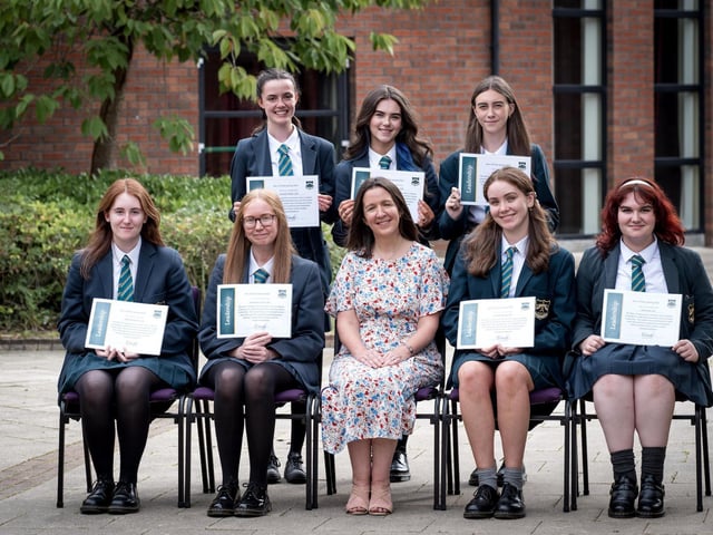 Award Winners for Leadership
Front Row: Clara McDevitt, Leah McColgan, Mrs F. Kearney (Head of Middle School), Ella McGeady, Kate Daly
Back Row: Hannah Wade, Enya McKinney, Kiera McAleer