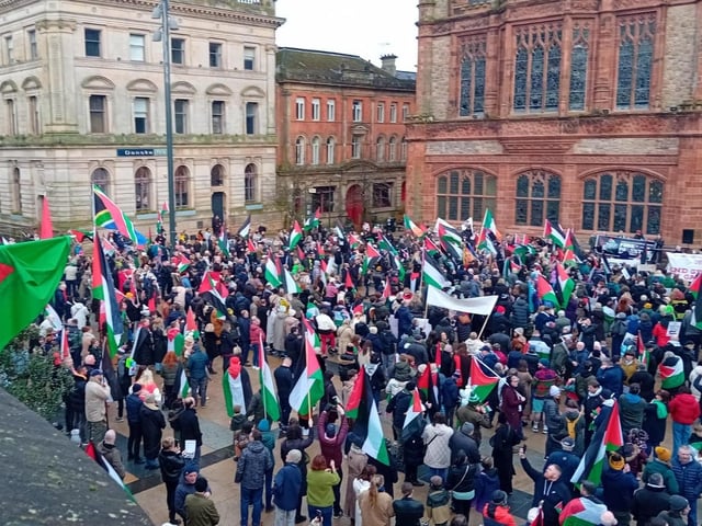 Thousands participate in Derry rally for Palestine calling for a ceasefire in Gaza on January 13, 2024