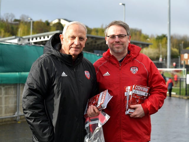 Andrew and Sean Cassidy with the latest edition of Cityview was on sale at the Brandywell on Monday evening. Photo: George Sweeney. DER2315GS – 101