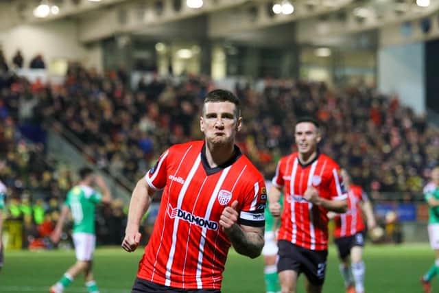 Derry City skipper Patrick McEleney celebrates putting his side in front in the first half against Cork City. Photograph by Kevin Moore.