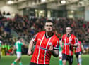 Derry City skipper Patrick McEleney celebrates putting his side in front in the first half against Cork City. Photograph by Kevin Moore.
