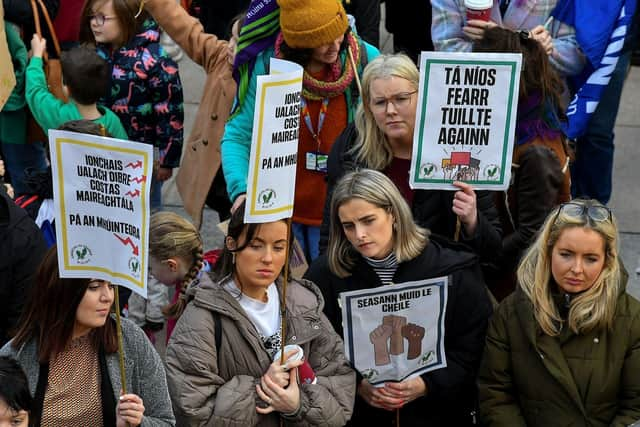 Teachers' unions members and supporters hold a strike rally in Guildhall Square on Tuesday morning. Photo: George Sweeney. DER2308GS 71