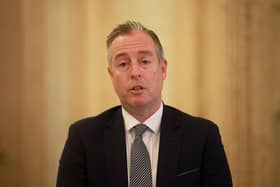 Education Minister Paul Givan speaking to the media at Parliament Buildings, Stormont in Belfast, after over 150 schools in Northern Ireland received bomb threats which are not being treated as viable. Picture date: Monday October 19, 2026. PA Photo. Photo credit should read: Liam McBurney/the Press Association