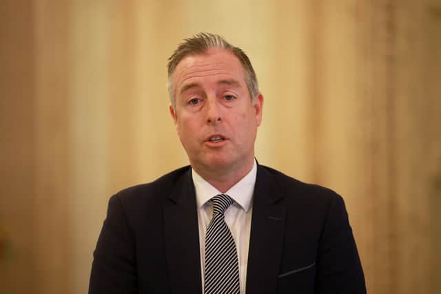 Education Minister Paul Givan speaking to the media at Parliament Buildings, Stormont in Belfast, after over 150 schools in Northern Ireland received bomb threats which are not being treated as viable. Picture date: Monday October 19, 2026. PA Photo. Photo credit should read: Liam McBurney/the Press Association