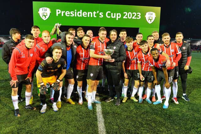 Derry City lift President's Cup after dominant victory over Shamrock Rovers at Brandywell.