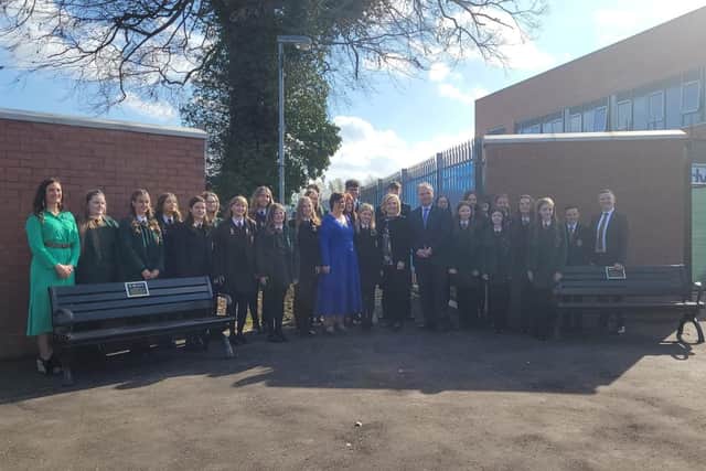 Secretary Hillary Clinton with pupils and teachers from Limavady High School and St Mary's Limavady on a visit to the schools.