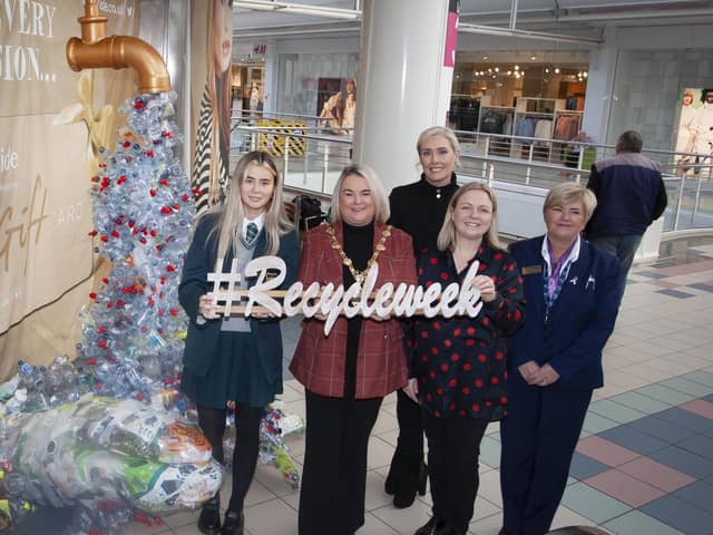Aoife Roddy, Year 13 pupil from Thornhill College, Mayor of Derry City and Strabane District Council, Sandra Duffy, Julie Hannaway, DCSDC Waste and Recycling Officer, Catherine McCauley, DCSDC Recycling Inspector and Josie Foy, Customer Services, Foyleside Shopping Centre.