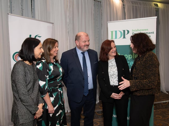 At the HSE & IDP Health, Social Care Recruitment & Education Fair in Inishowen Gateway Hotel on Tuesday last from left are Sinead McDaid, IDP, Clodagh McGee, HSE, Cllr. Ciaran Brogan, Vice Chairperson of the HSE Western Regional Health Forum, Maria Ferguson, HSE and Denise McCool, IDP. Photo Clive Wasson