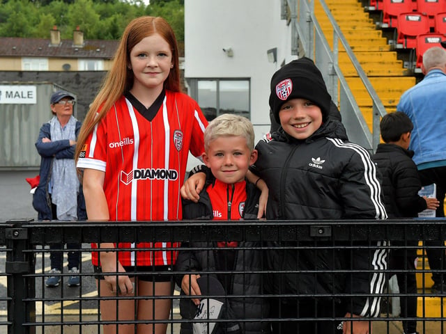 Young fans at the Derry City versus Cork City game at the Ryan McBride Brandywell Stadium. Photograph: George Sweeney. DER2325GS – 71