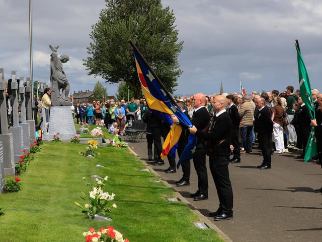 The Colour Party salute the dead volunteers at the Derry Volunteers Commemoration held at the Republican plot, City Cemetery. (Photo - Tom Heaney, nwpresspics)