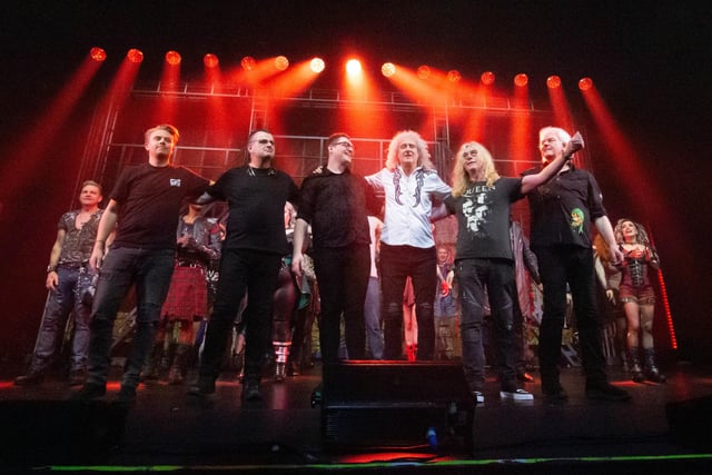 Brian May on the stage with the rest of the We Will Rock You cast. Picture: Habibur Rahman