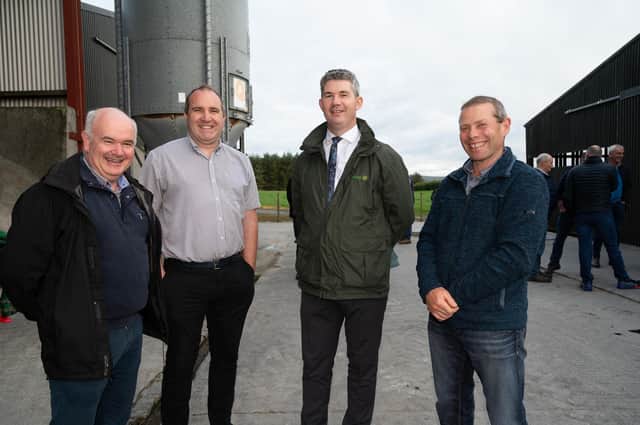 Patrick Kelly, Michael O'Brien, Stephen Blewitt and Ricahrd Sterrittat the IFA County Executive Dairy Meeting on the farm of Charles McCandless, Culdaff on Thursday last.  Photo Clive Wasson.