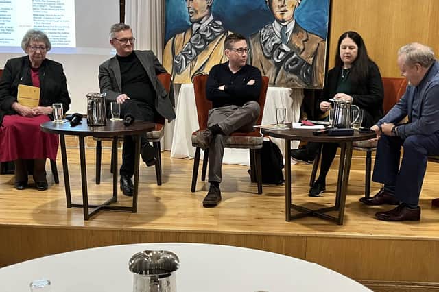 Left to right, Helen Meehan, Former President Donegal Historical Society, Professor Breandan MacSuibhne, University Galway, Fearghal MacBloscaidh, St Mary's Belfast, Professor Linda Connolly, Maynooth University and Professor Brendan O' Leary of Pennsylvania University.