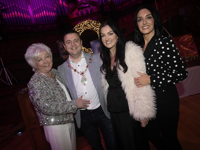 Mayor McHugh with Anne Lynch, Clodagh Harney and Roisin McGettilgan on Friday night. : Mayor's Charity Ball.