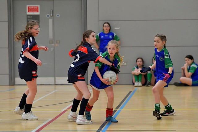 Steelstown take on Sacred Heart (2) in the Derry City Primary School Girls’ Indoor Gaelic Finals Day at the Foyle Arena on Friday afternoon. Photo: George Sweeney. DER2308GS –122