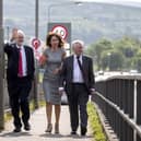 The late Tony Lloyd (right) during a visit to Lifford Bridge in 2018 with the then Labour leader Jeremy Corbyn and Professor Deirdre Heenan. Liam McBurney/PA Wire