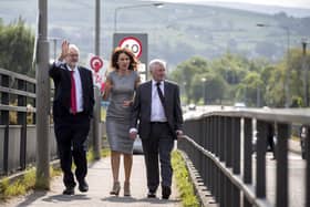 The late Tony Lloyd (right) during a visit to Lifford Bridge in 2018 with the then Labour leader Jeremy Corbyn and Professor Deirdre Heenan. Liam McBurney/PA Wire