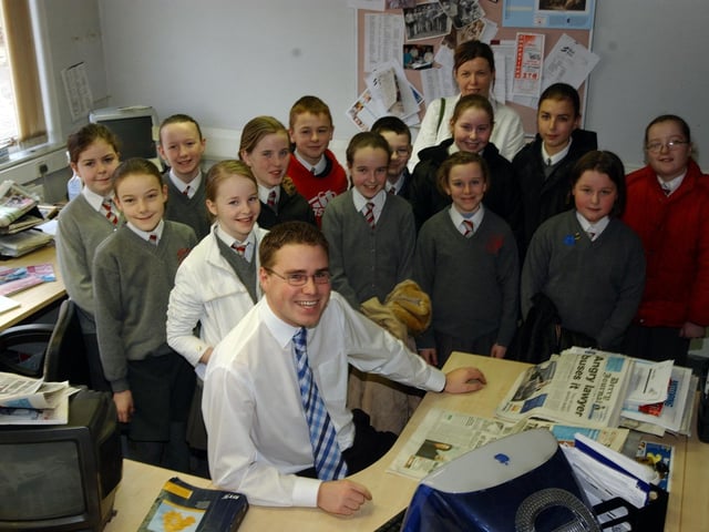 Reporter Joe Doran showing students around at the Derry Journal offices, Buncrana Road.