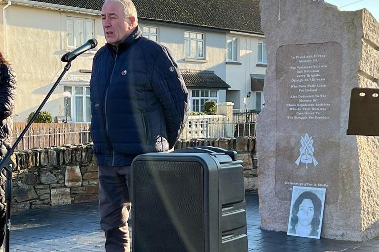 Mitchel McLaughlin speaking at the 50th anniversary commemoration for IRA Volunteer Joe Walker at the Republican Monument in Central Drive.