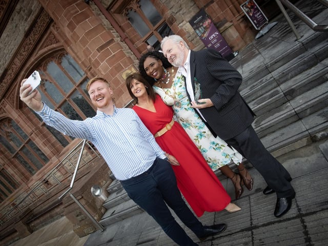 Daniel McCrossan, MLA, getting a selfie with the Mayor, Lillian Seenoi-Barr and Mr and Mrs. Seamus and Marie Nealis, Craft Training, outside the Guildhall on Wednesday evening.