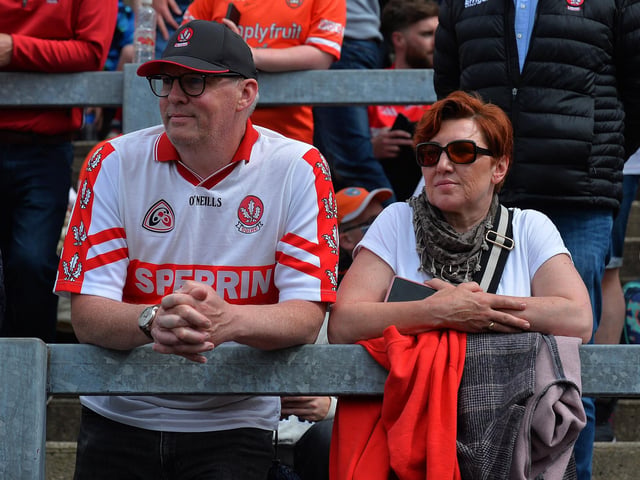 Fans in Celtic Park for the Derry v Armagh game. Photo: George Sweeney