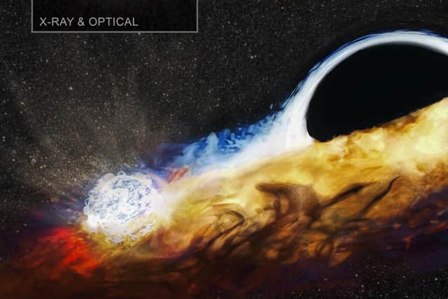 Artist’s impression of an orbiting star crashing through the accretion disc around a supermassive black hole and causing a burst of X-rays. Image credit: Data/Image Processing: M. Nicholl et al./NASA/CXC/PanSTARRS/NSF/Legacy Survey/SDSS/SAO/N. Wolk; Illustration: Soheb Mandhai/The Astro Phoenix