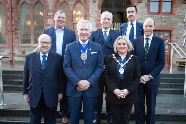 LORD MAYOR’S VISIT. . . .The Lord Mayor of London, Nicholas Lyons pictured at the city’s Guildhall on Friday afternoon during a courtesy visit to the city and Guildhall. He was welcomed by the Mayor, Sandra Duffy. Included at front left is Chris Hayward, Policy chairman, City of London. Back left to right, Stephen Gillespie, Director of Business and Culture, Derry City and Strabane District Council, John Kelpie, Chief Executive, Derry City and Strabane District Council, Andrew McGowan, Head of UK Regions, City of London Corporation, and Edward Montgomery, The Honourable The Irish Society. (Photos: Jim McCafferty Photography)