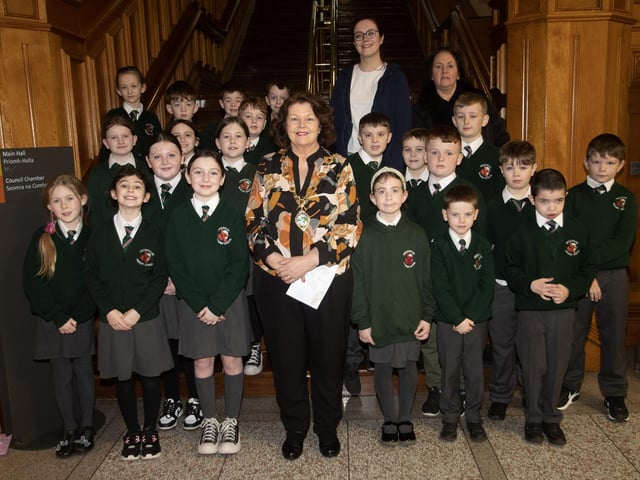 The Mayor of Derry City and Strabane District Council, Patricia Logue pictured with Primary 5 pupils from Greenhaw Primary School when they paid a visit to the Guildhall. (Photos: Jim McCafferty Photography)