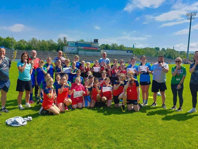 The Cumann na mBunscol City committee has introduced a ‘silent sidelines’ policy for all games. The initiative was introduced at the Tower Cup finals for primary school girls held in Celtic Park. Pictured are girls who took part in the finals and coaches and teachers. Photo courtesy of Francis Mallon