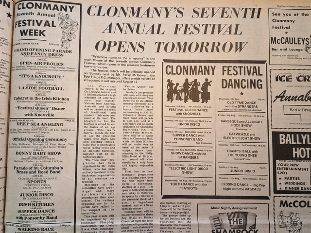 A page dedicated to the annual Clonmany Festival. In August 1974 it was the seventh Clonmany Festival.
