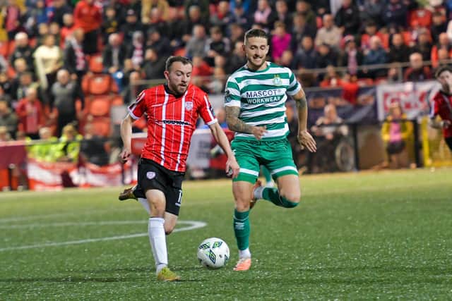 Paul McMullan in full flight for Derry City against Shamrock Rovers.