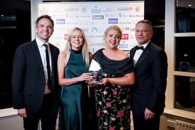 Winners of the Business Hero Award, Ruth McPhillips of Mini Melo Beats Sensory Sessions, pictured with James Huey, Board Member at City Centre Initiative; Steven Lindsay, Vice President of Londonderry Chamber of Commerce; and Dr Lisa Harkness of Ulster University Business School who sponsored the award. : .