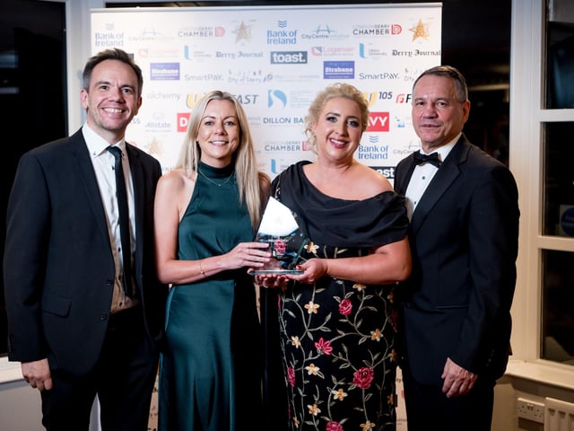 Winners of the Business Hero Award, Ruth McPhillips of Mini Melo Beats Sensory Sessions, pictured with James Huey, Board Member at City Centre Initiative; Steven Lindsay, Vice President of Londonderry Chamber of Commerce; and Dr Lisa Harkness of Ulster University Business School who sponsored the award. : .