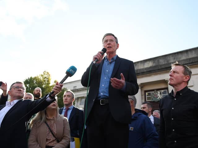 Breandán Mac Cionnaith of the Garvaghy Road Residents' Coalition speaks to people outside the High Court at the weekend. (Photo by Charles McQuillan/Getty Images)