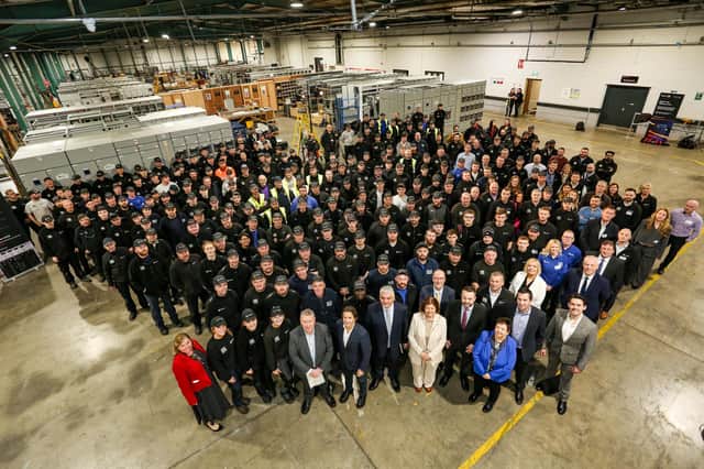 Vertiv jobs announcement
Staff at Vertiv, Campsie, following the announcement of approx 200new jobs. Included are Vertiv CEO, Giordano Albertazzi, Philip O’Doherty, managing director of E&I business, Vertiv, Mel Chittock, interim CEO, Invest NI, The Mayor of Derry and Strabane, Councillor Patricia Logue, Colum Eastwood, Foyle MP, during a tour of the Campsie
Credit © Lorcan Doherty