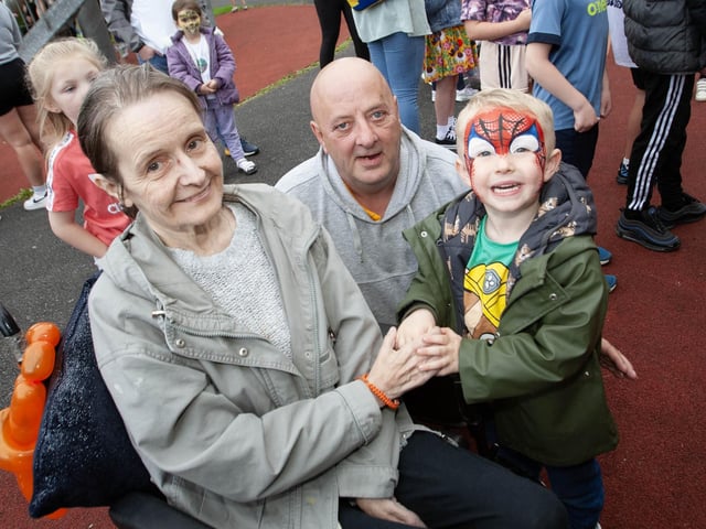 This young man showing his granny the result of his Batman Face Paint on Wednesday at Abercorn Park.:.