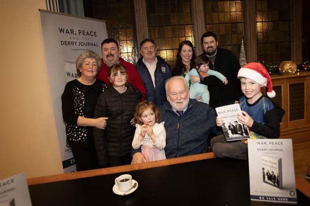 Pat pictured with his wife Rosie and family at Thursday night's book launch in the Guildhall, Derry. (Photos: Jim McCafferty Photography)