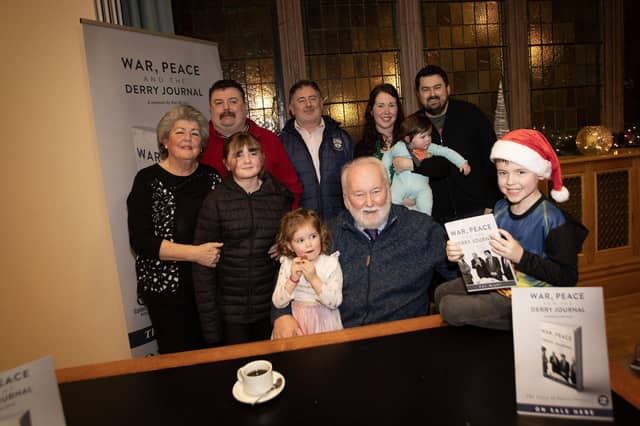Pat pictured with his wife Rosie and family at Thursday night's book launch in the Guildhall, Derry. (Photos: Jim McCafferty Photography)
