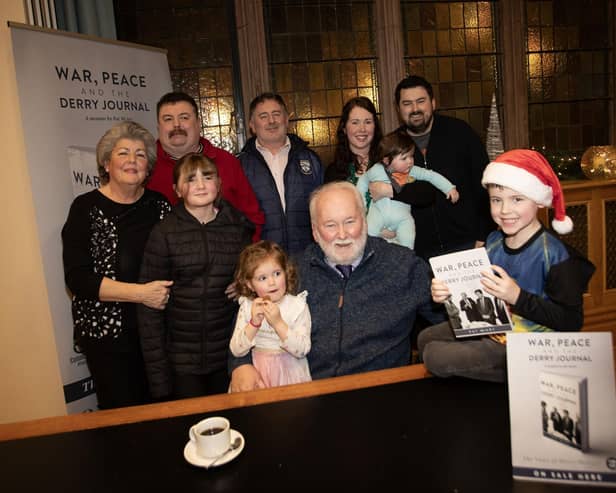 Pat pictured with his wife Rosie and family at Thursday night's book launch in the Guildhall, Derry. (Photos: Jim McCafferty Photography)