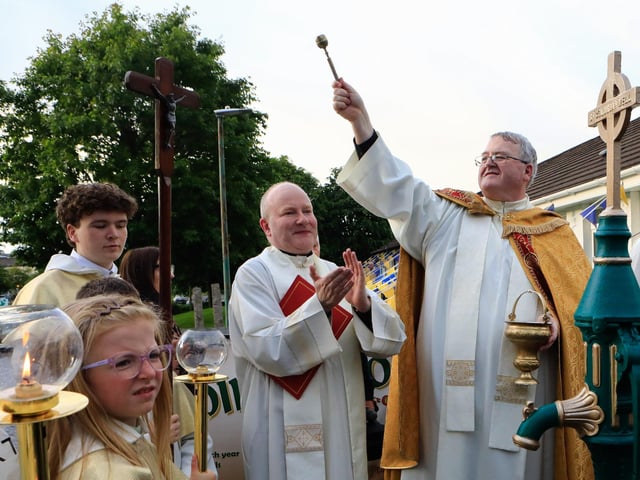 Fr. John Joe Duffy, PP, Creeslough, blessing the congregation at St. Columba’s Well, as part of the celebrations marking St. Columba’s Day. (Photo - Tom Heaney, nwpresspics)