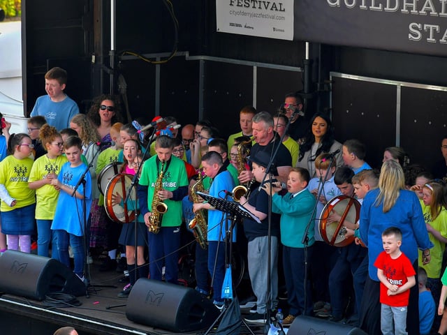 Ardnashee School Band performs at the Gay McIntyre stage on Saturday afternoon.  Photo: George Sweeney.  DER2317GS – 158