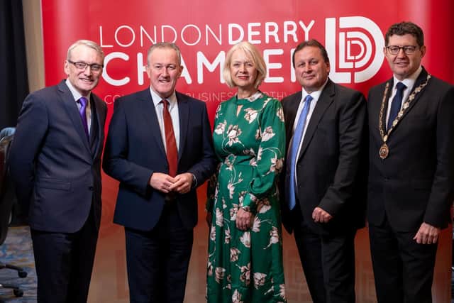 Hubert O’Donoghue from AIB Merchant Services, Economy Minister Conor Murphy, Derry Chamber Chief Executive Anna Doherty, North West Regional College Chief Executive Leo Murphy, Derry Chamber President Greg McCann at the chamber lunch in March