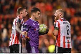 FULLY FOCUSSED . . . Derry City goalkeeper Brian Maher with Kevin Holt, left, and Mark Connolly, right.