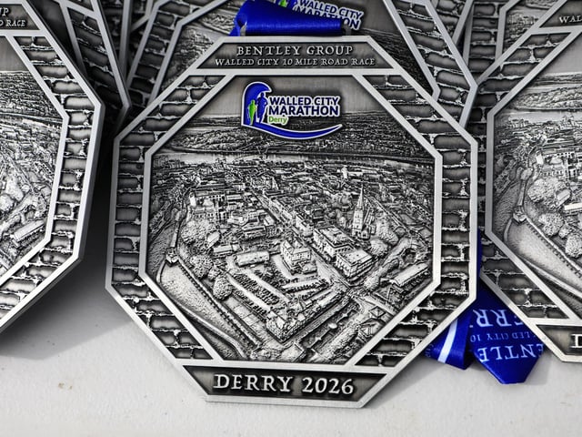 A close-up shot of the fantastic medals presented to finishers of the Bentley Group Walled City 10 Mile race, Ebrington Square. (Photo - Tom Heaney, nwpresspics)