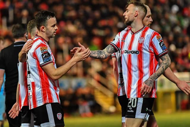 Derry City goal scorer Robbie Benson, left, is congratulated by Carl Winchester. Photograph: George Sweeney