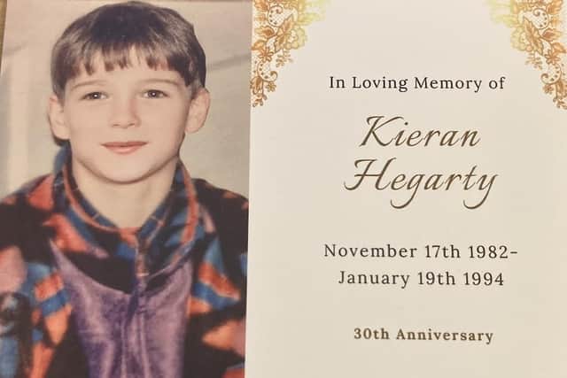 The memorial card for Kieran.