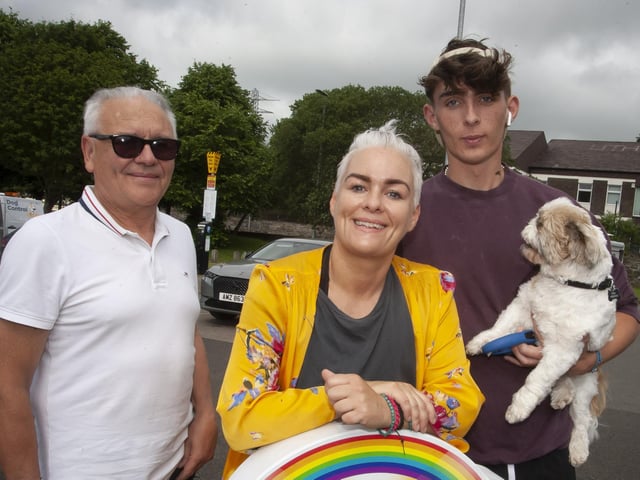 Hurt’s Leann Doherty pictured with her dad Seamus, son Finlay and ‘Patch’ on Saturday.